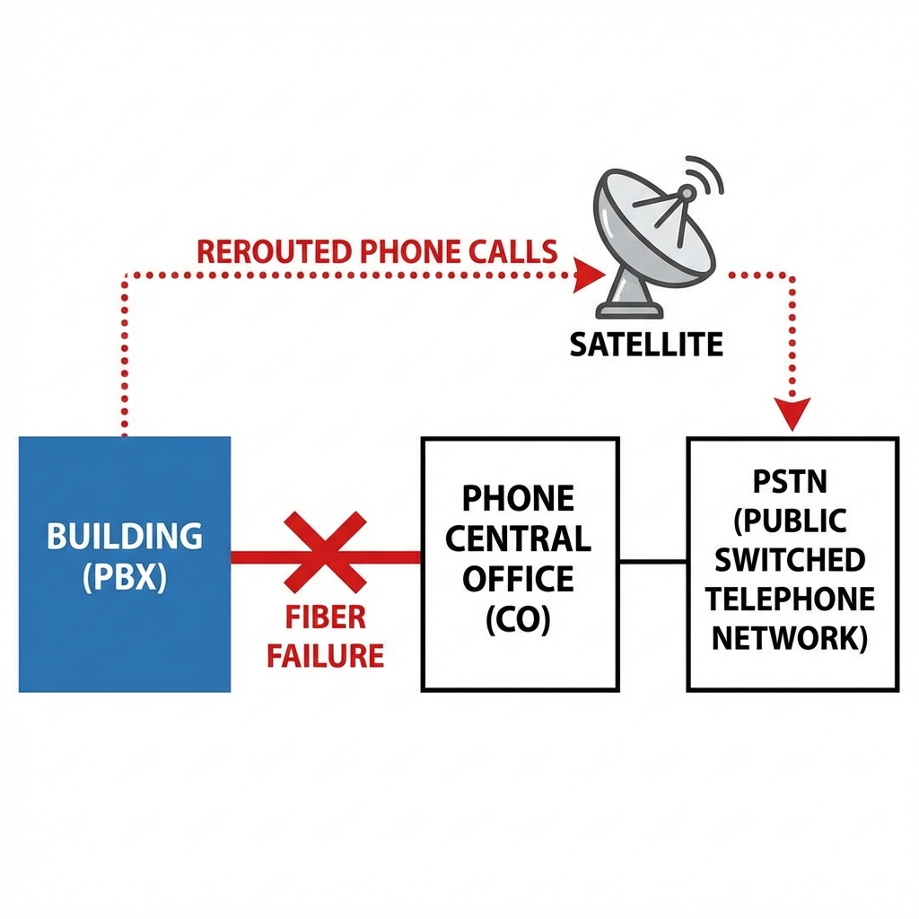 Diagram showing fiber failure with automatic satellite reroute to PSTN